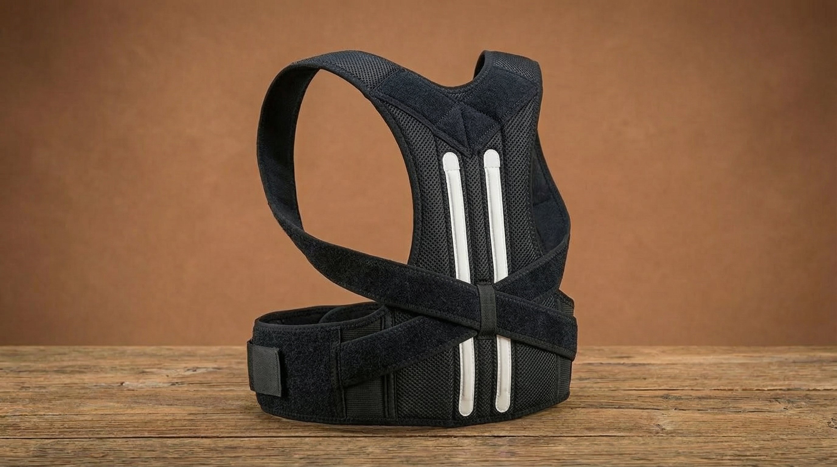 Black posture corrector on a wooden surface with a brown background
