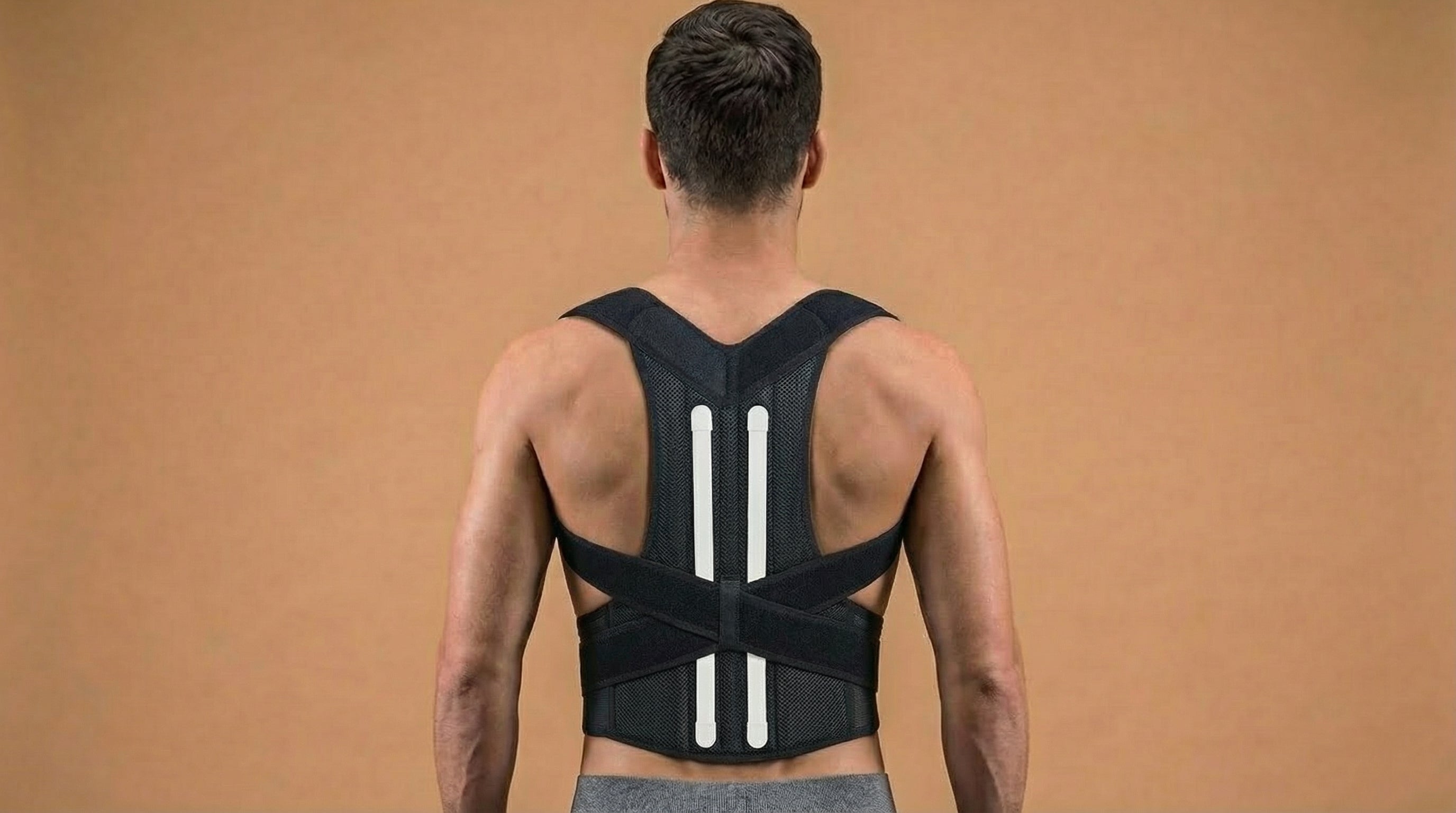 Person wearing a black posture corrector against a brown background