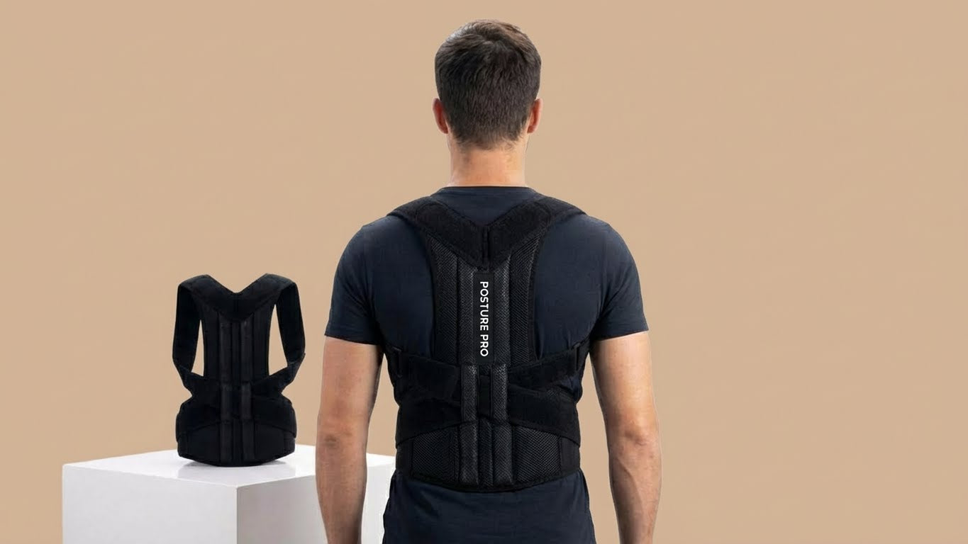 Person wearing a black posture corrector with another one displayed on a stand against a beige background